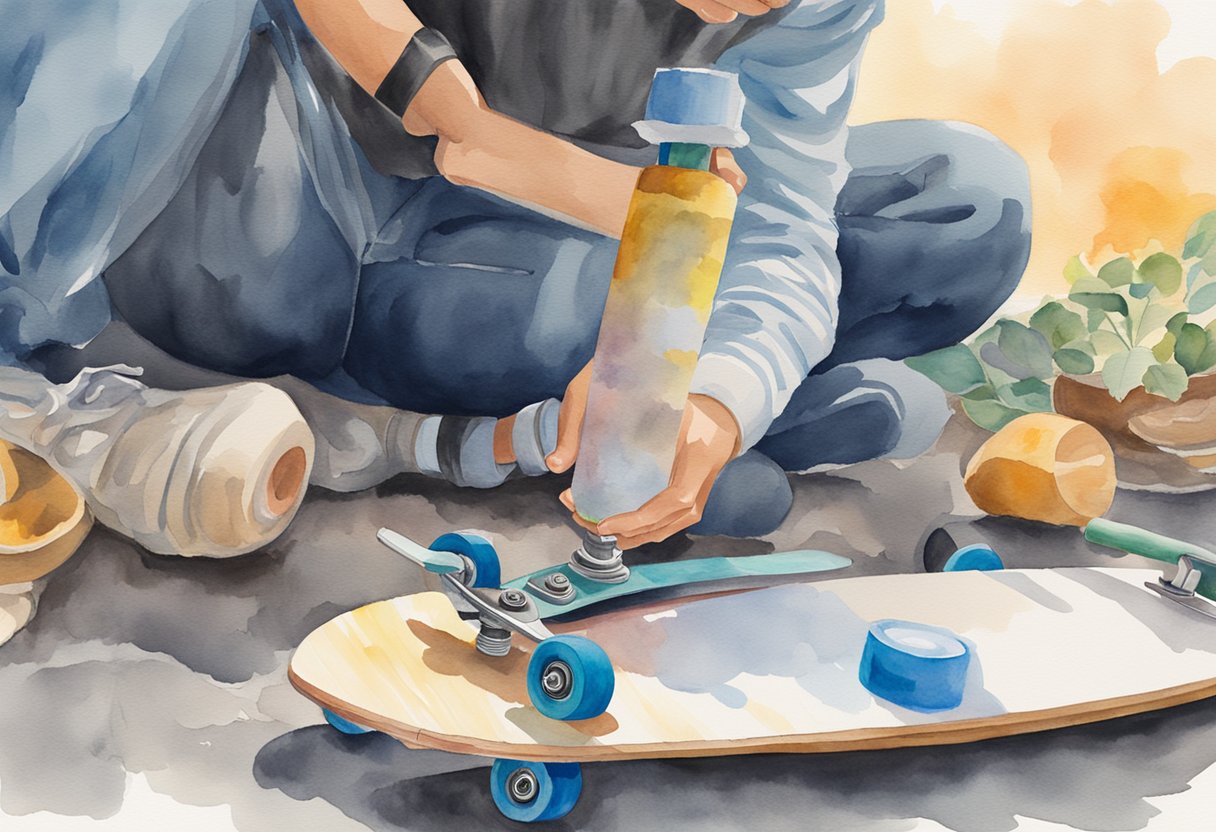 A person applying lubricant to the wheels of a longboard, with tools and a beginner's guide book nearby