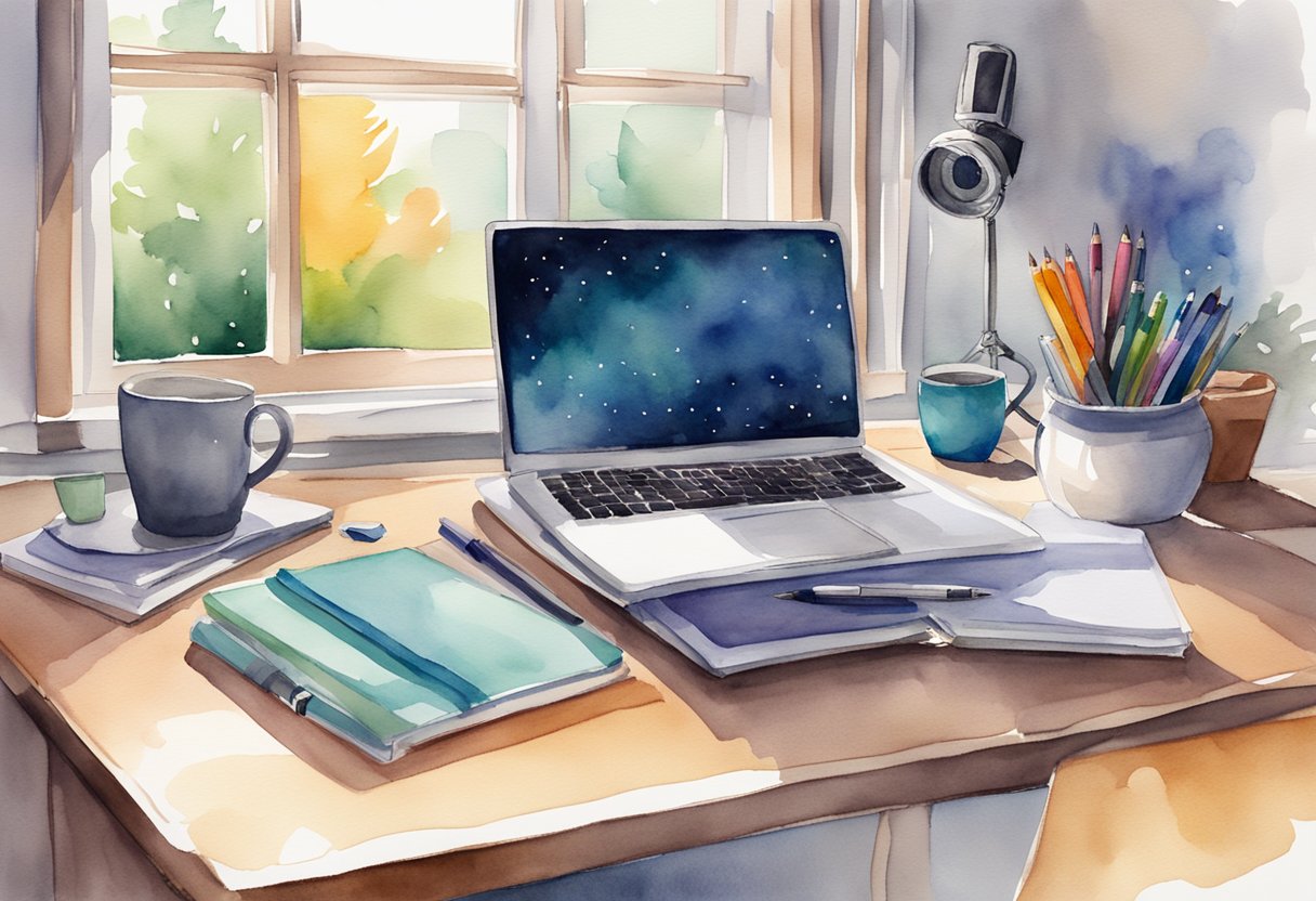 A cozy desk setup with a laptop, microphone, and camera surrounded by colorful notebooks and pens. A bright window lets in natural light