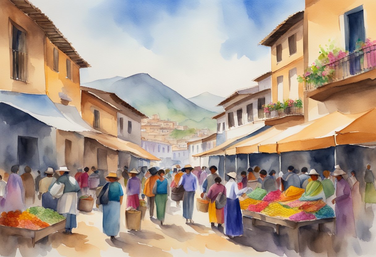 A bustling Bolivian market with colorful textiles, traditional crafts, and historical landmarks in the background