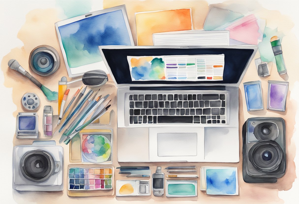 A laptop surrounded by art supplies, camera, and microphone on a desk with a YouTube logo displayed on the screen