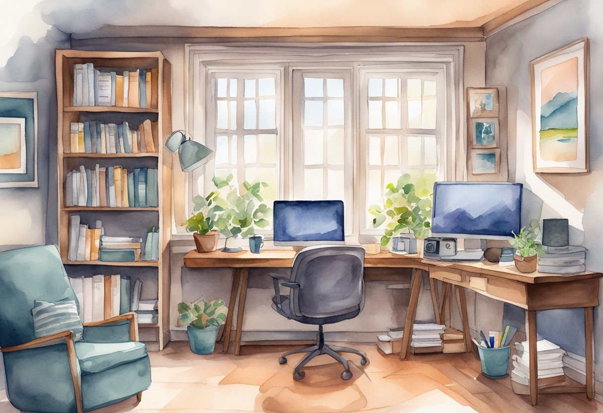 A cozy home office with a desk, computer, camera, and microphone. A bookshelf filled with equipment and resources for beginners. A bright window lets in natural light