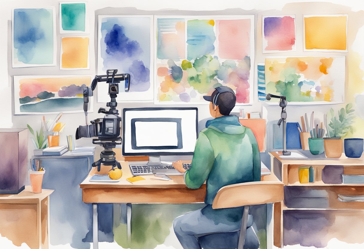 A person sitting at a desk with a laptop, filming equipment, and a microphone, surrounded by colorful posters and a whiteboard with video ideas