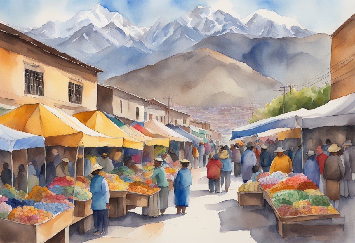 A bustling market in La Paz, with colorful textiles and traditional crafts on display, set against the backdrop of the Andes mountains