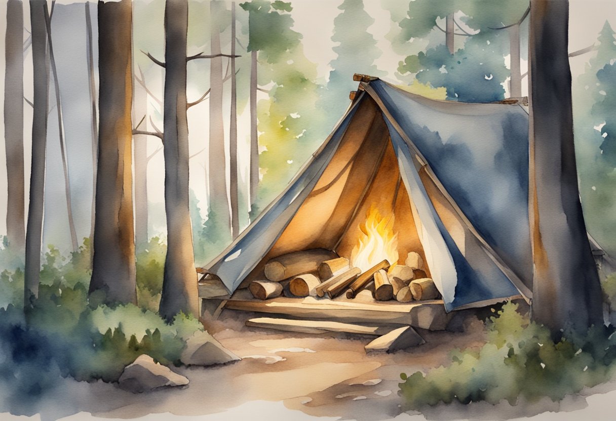 A cozy shelter nestled among tall trees, with a crackling campfire outside and a simple bedroll inside, surrounded by the peaceful wilderness