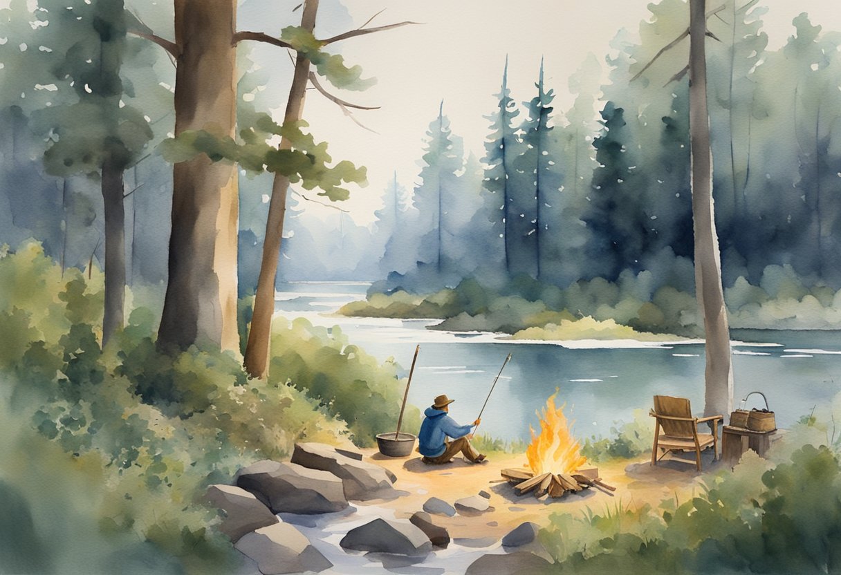 A tranquil forest clearing with a small campfire surrounded by tools for hunting, fishing, and trapping. A serene river flows nearby, and the surrounding trees provide ample opportunities for bushcraft activities