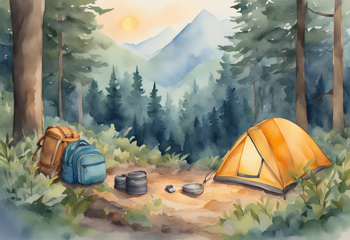 A backpack with a sleeping bag, compass, knife, and rope laid out on a forest floor, surrounded by trees and a small campfire