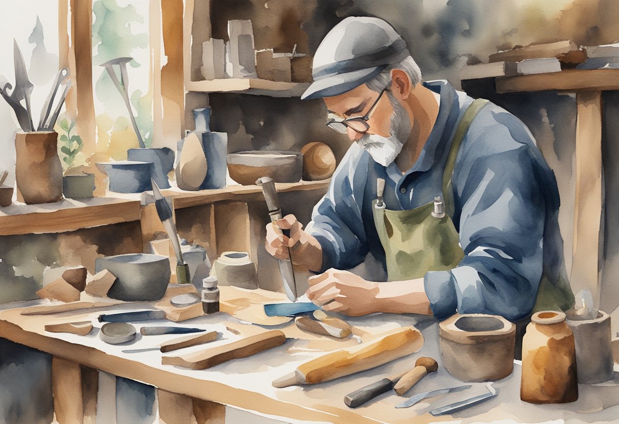 A person skillfully carving wood with a knife, surrounded by various tools and materials for bushcraft