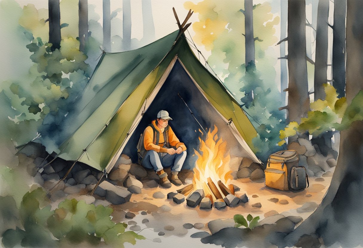 A person sitting by a campfire in the woods, surrounded by a shelter made of branches and leaves. A knife, compass, and backpack are nearby