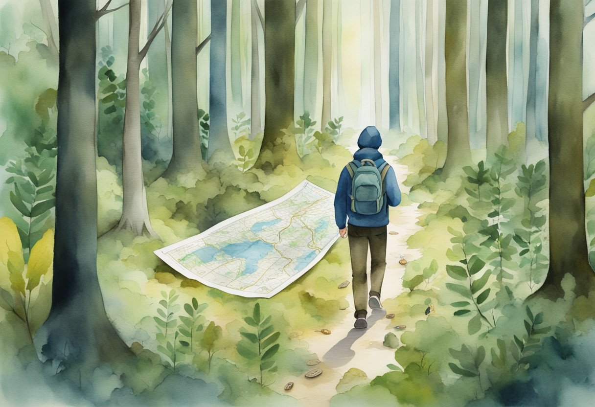 A person using a map and compass to navigate through a dense forest, with various tracking signs and wildlife footprints on the ground