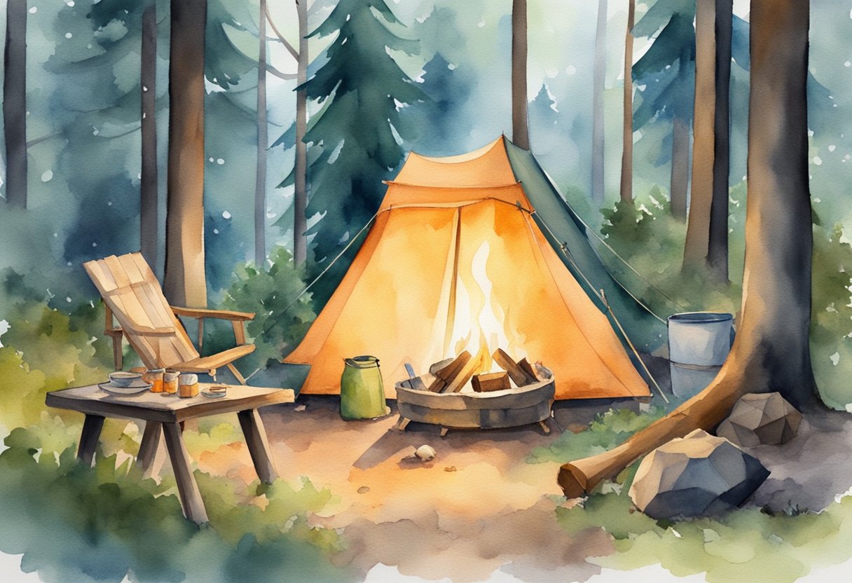 A cozy campsite in the woods, with a crackling campfire, a tent pitched nearby, and a small table set with bushcraft tools and supplies