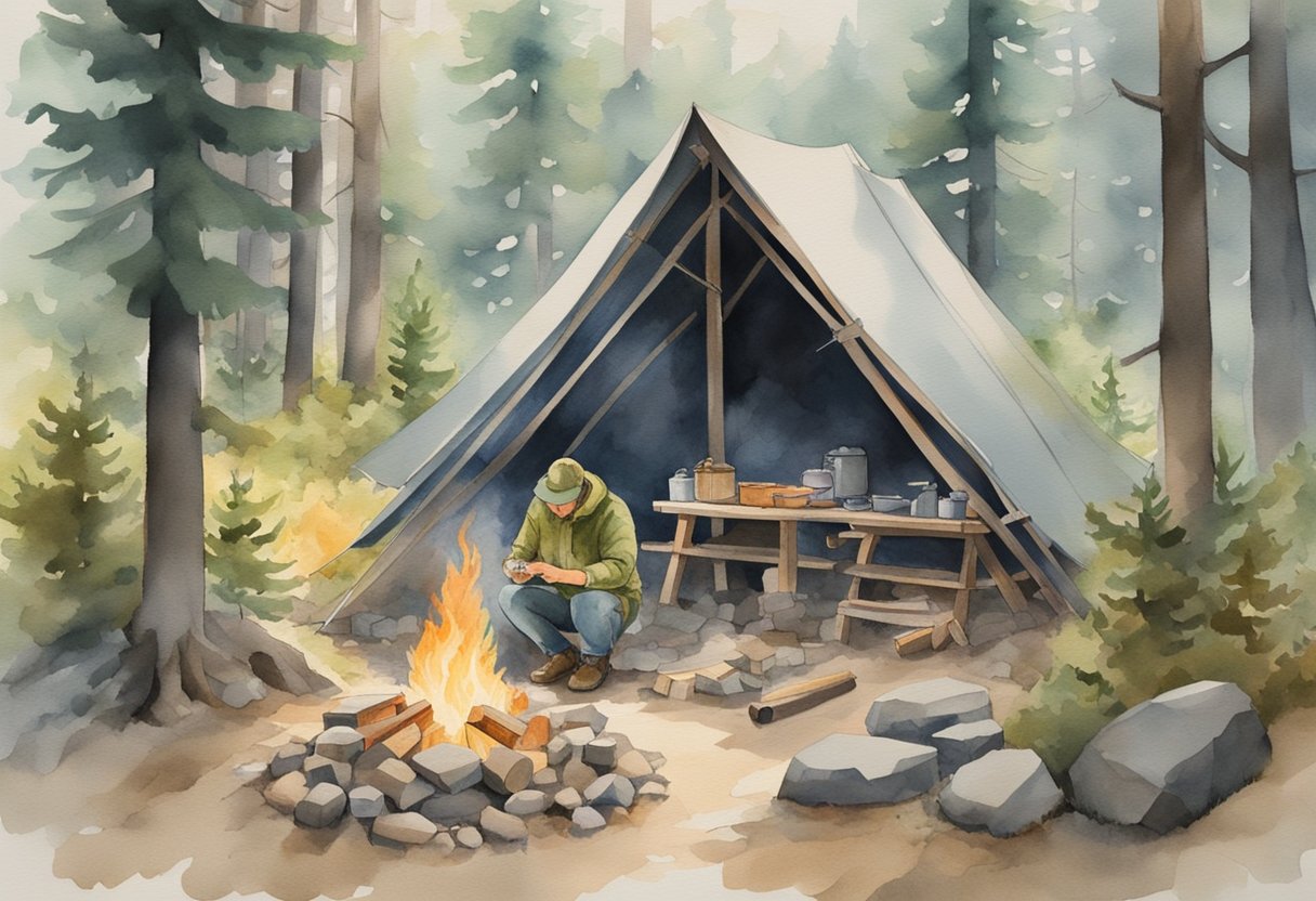 A person building a shelter in the woods, surrounded by a fire pit, first aid kit, and various tools for bushcraft