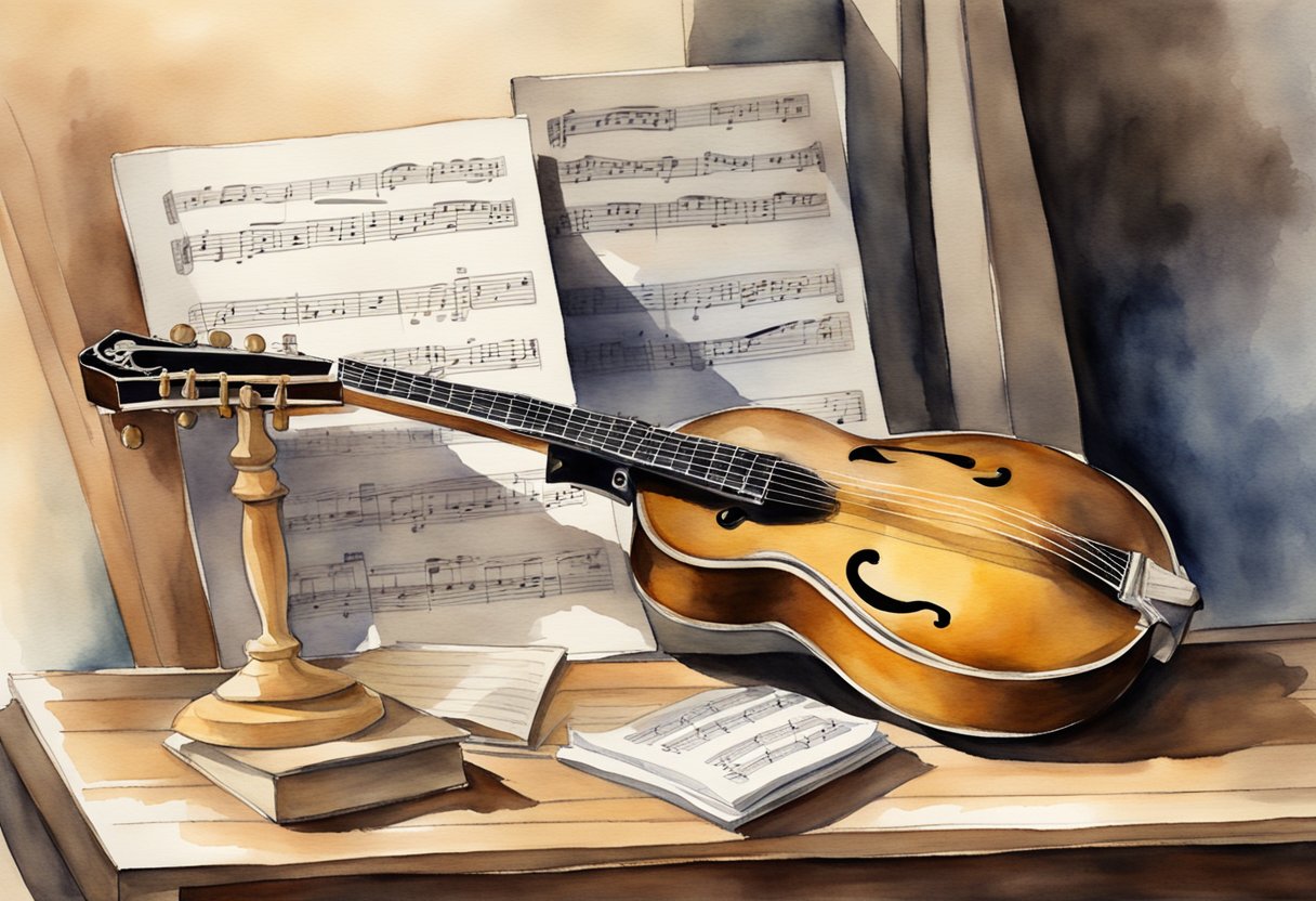 A mandolin, sheet music, and a music stand arranged on a wooden table