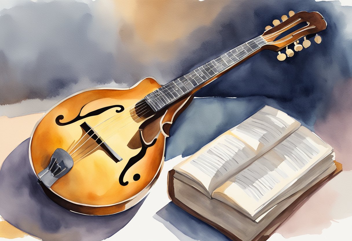 A mandolin surrounded by a stack of beginner's guide books, with a spotlight shining down on the instrument