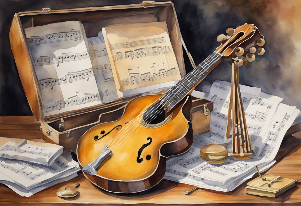 An open mandolin case surrounded by sheet music, a tuner, and a metronome on a wooden table