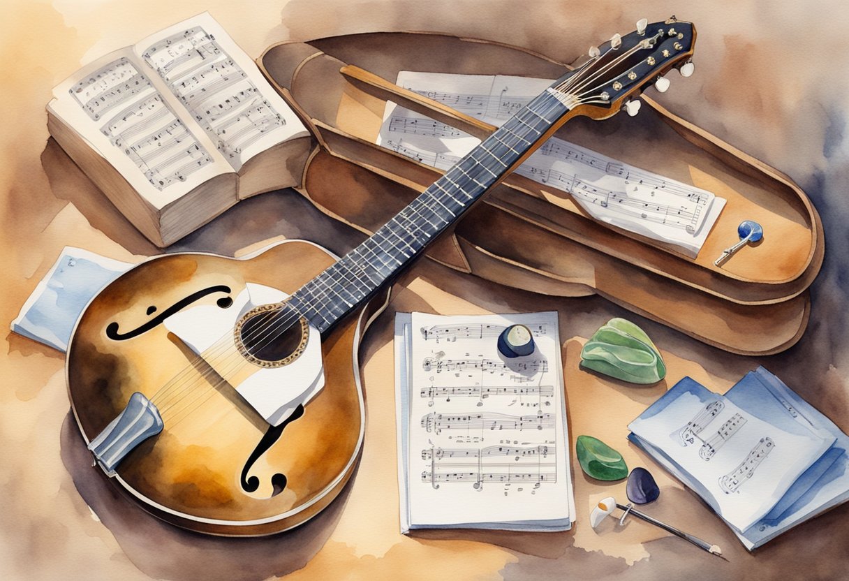 An open mandolin case with sheet music, picks, and a tuner. A beginner's guide book lays next to the instrument