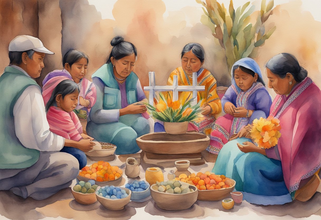 A Bolivian family gathers around a traditional altar, adorned with colorful textiles and religious symbols, as they engage in daily spiritual practices