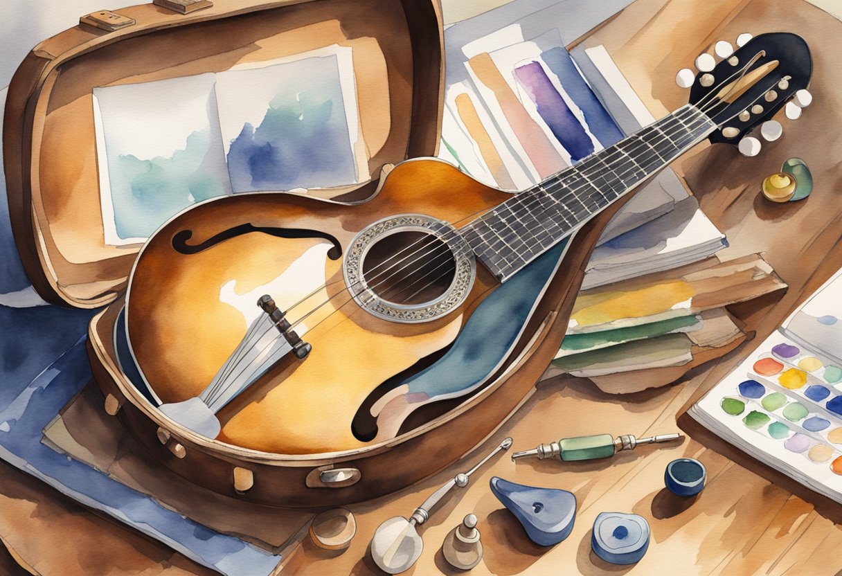 An open mandolin case with tuning pegs, bridge, and picks scattered on a wooden table. A beginner's guide book sits next to the instrument