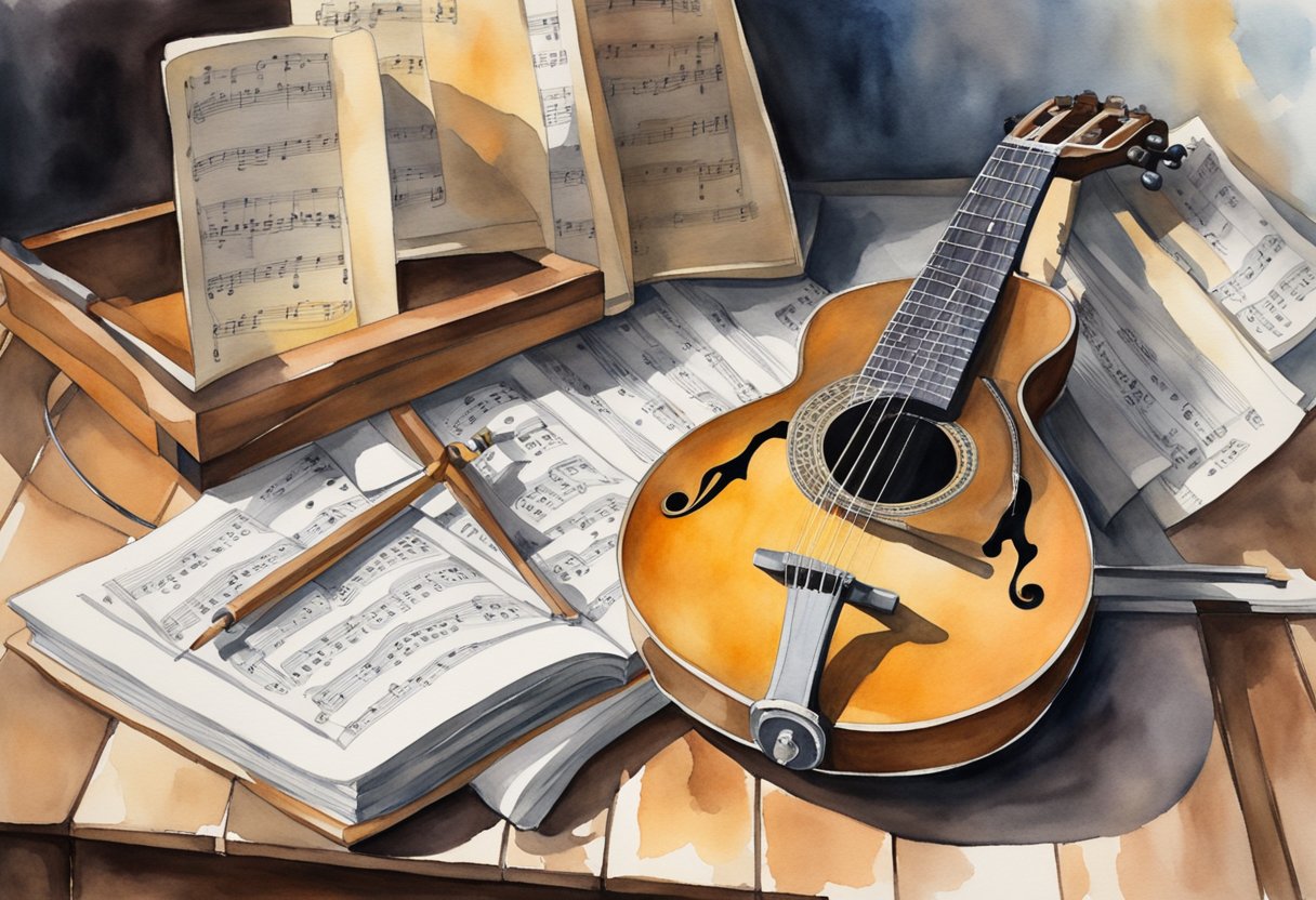 A mandolin resting on a wooden table, surrounded by sheet music, a tuner, and a metronome. A music stand holds open a beginner's guide book