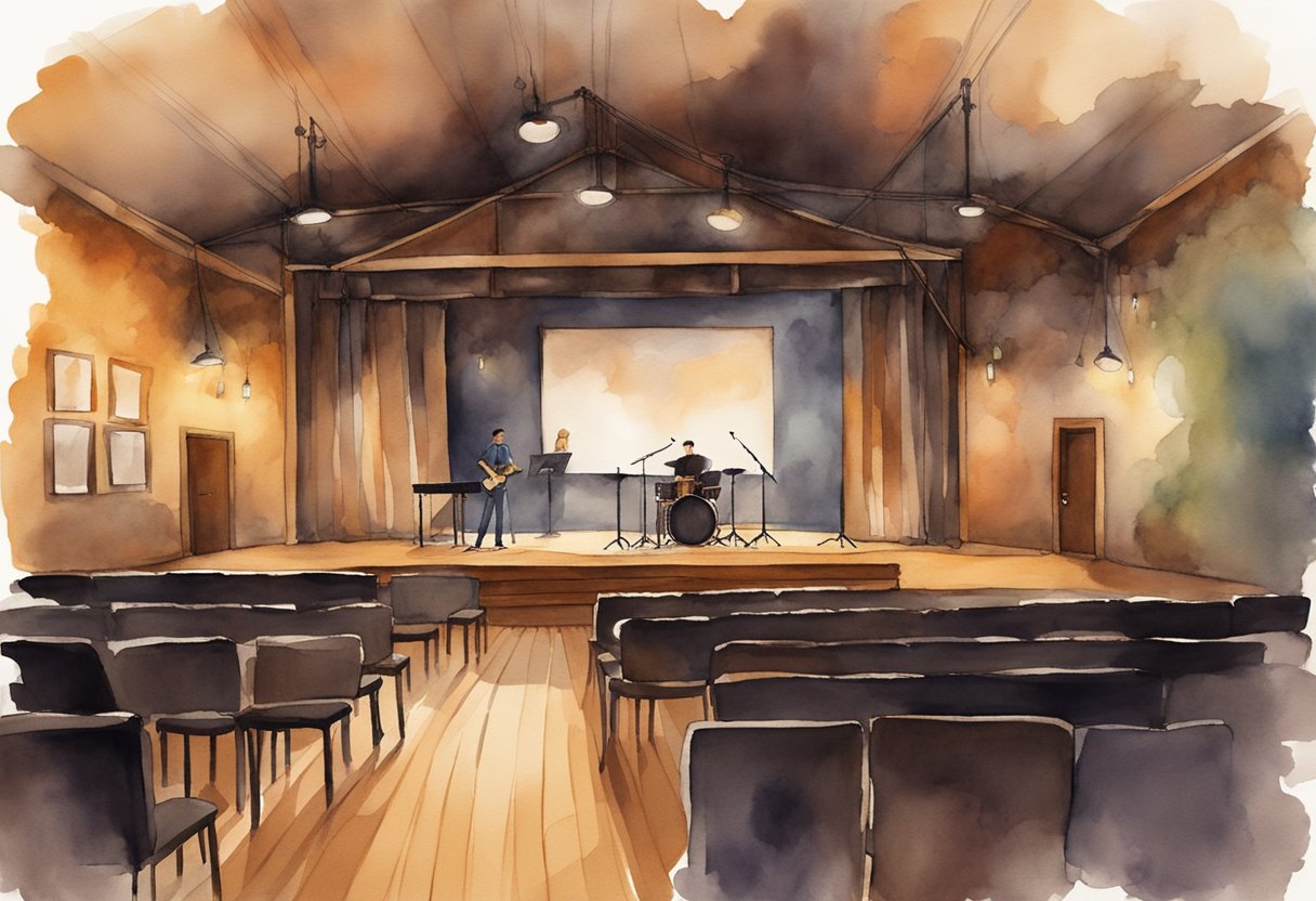 A dimly lit stage with a microphone stand, small tables and chairs for the audience, and a cozy atmosphere with warm lighting and music posters on the walls