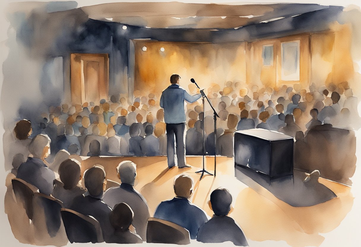 A dimly lit stage with a microphone and stool, surrounded by eager spectators in a cozy, intimate setting