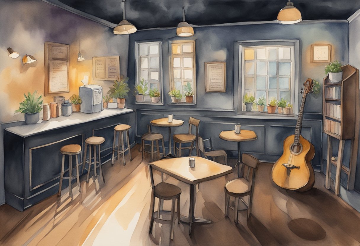 A dimly lit cafe with a small stage, microphone, and cozy seating. Various instruments and a chalkboard schedule adorn the walls