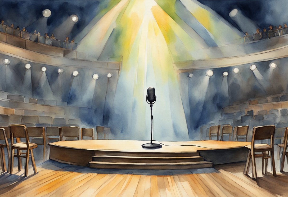 A microphone stands on a stage with a spotlight shining down, casting a bright circle on the wooden floor. Laughter erupts from the audience, who sit in rows of chairs facing the stage