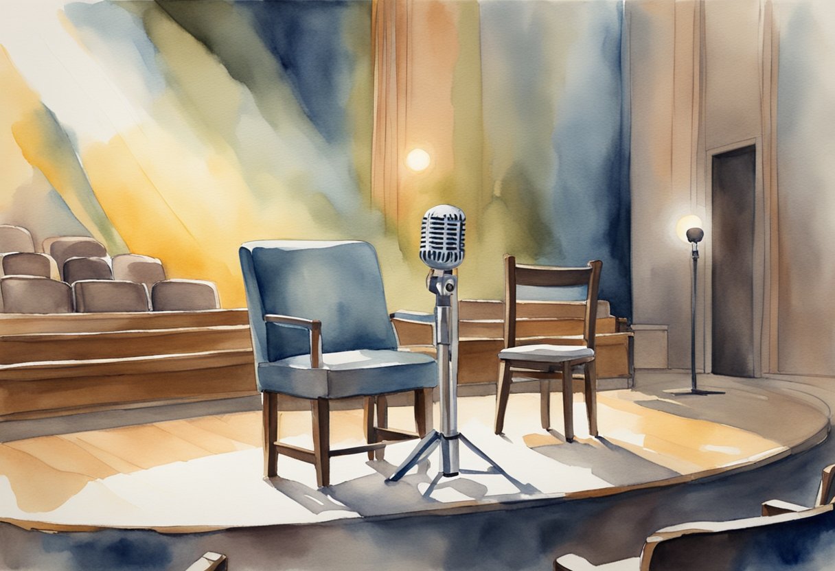 A microphone on a stage with a spotlight shining down, a stool nearby, and a small audience sitting in chairs