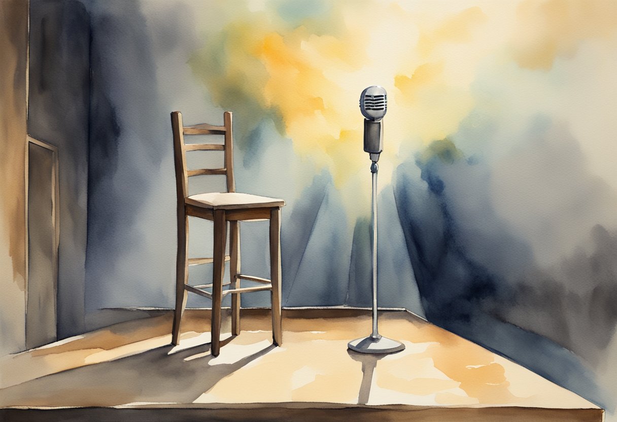 A spotlight shines on a lone microphone on an empty stage, with a stool and a glass of water nearby. Laughter echoes in the background