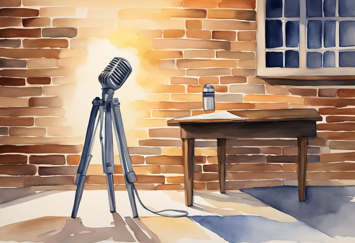 A microphone on stage with a spotlight shining down, casting a circle of light on the wooden floor. A stool sits beside the mic, waiting for a comedian to take the stage