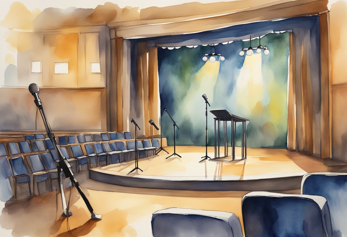 A brightly lit stage with a microphone stand, a small audience in the background, and a spotlight shining down on the empty stage