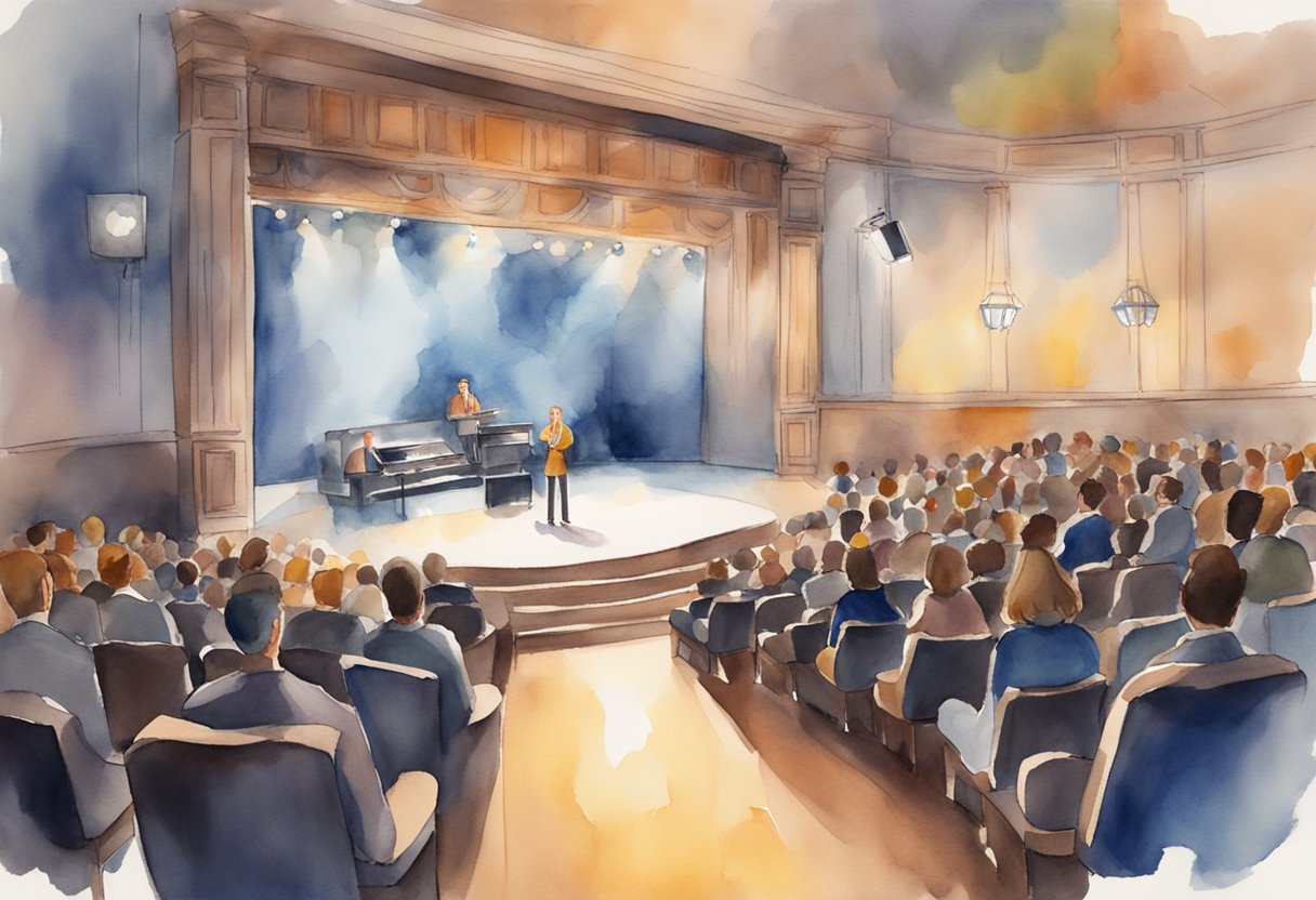 A small stage with a microphone, spotlight, and audience seating. Laughter and applause fill the air