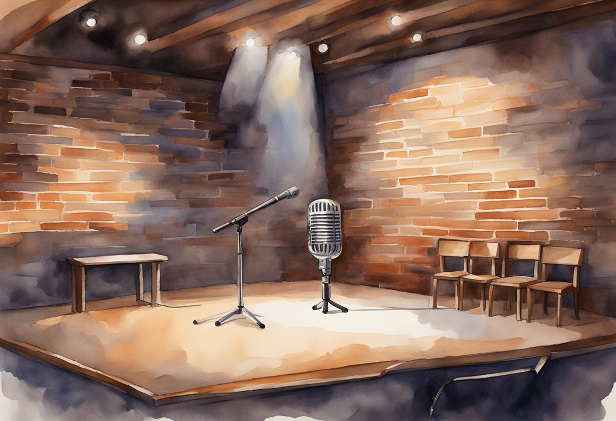 A spotlight shines on a lone microphone on a stage, with a brick wall backdrop and a small audience seated in the dimly lit comedy club