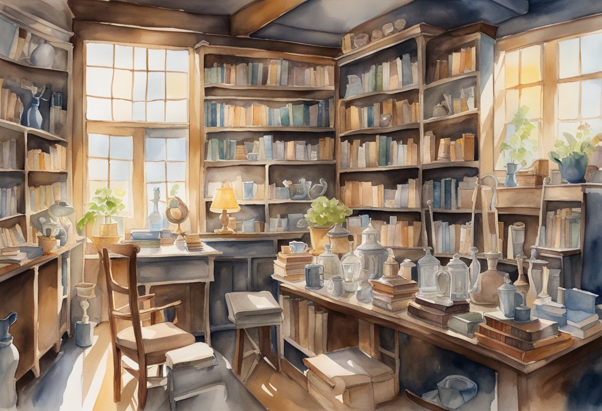 A cluttered antique shop with shelves of old books, vintage trinkets, and furniture. Sunlight streams through dusty windows onto the eclectic array of items