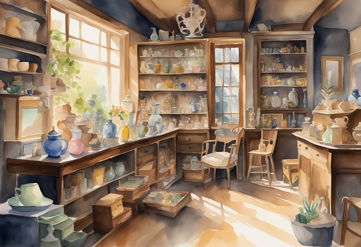 A cluttered antique shop filled with dusty shelves, vintage trinkets, and old furniture. Sunlight streams through the windows, casting a warm glow on the eclectic collection