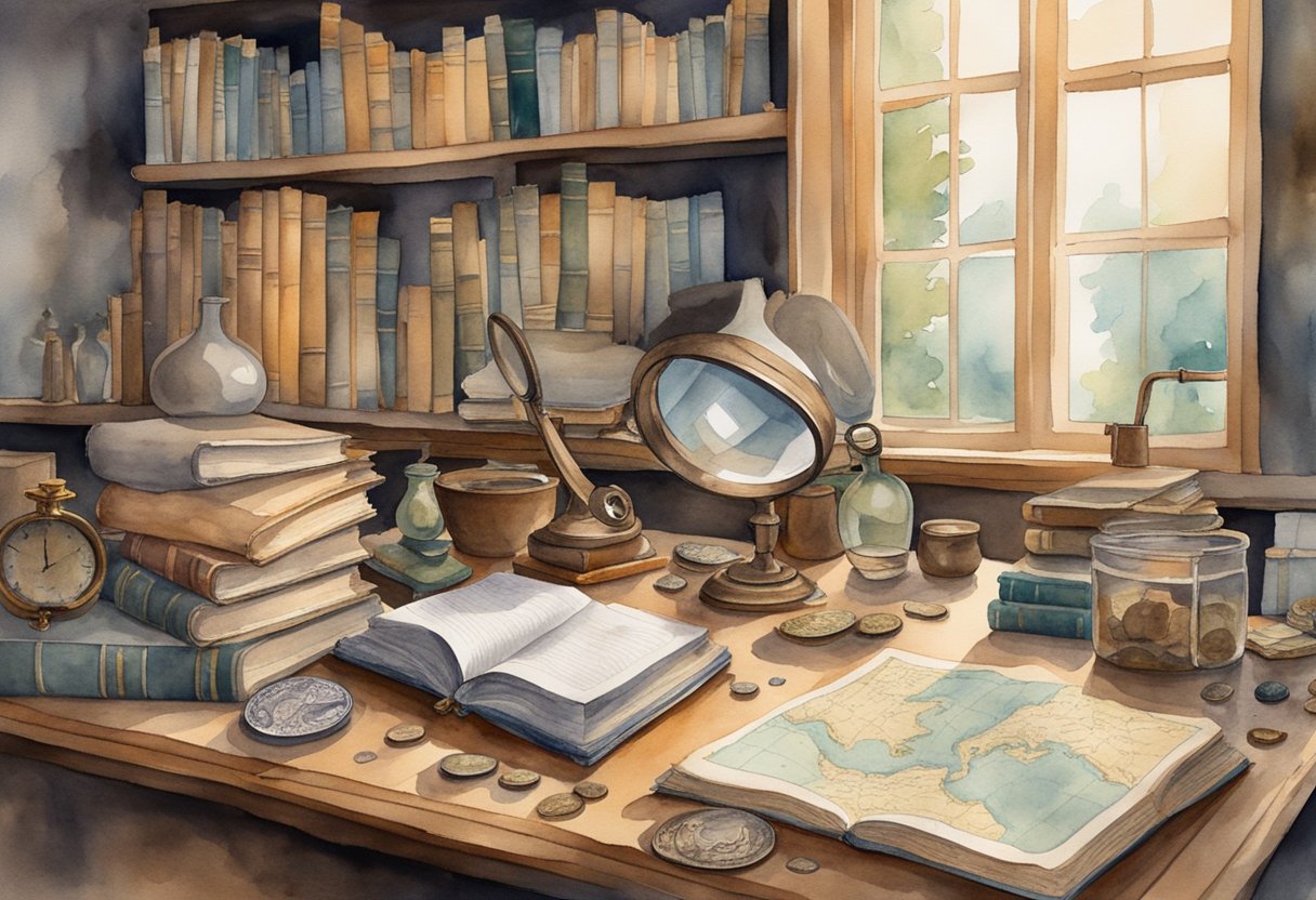 A cozy study with a vintage desk, shelves of old books, and a map of ancient civilizations. A magnifying glass, old coins, and a worn journal are scattered on the desk