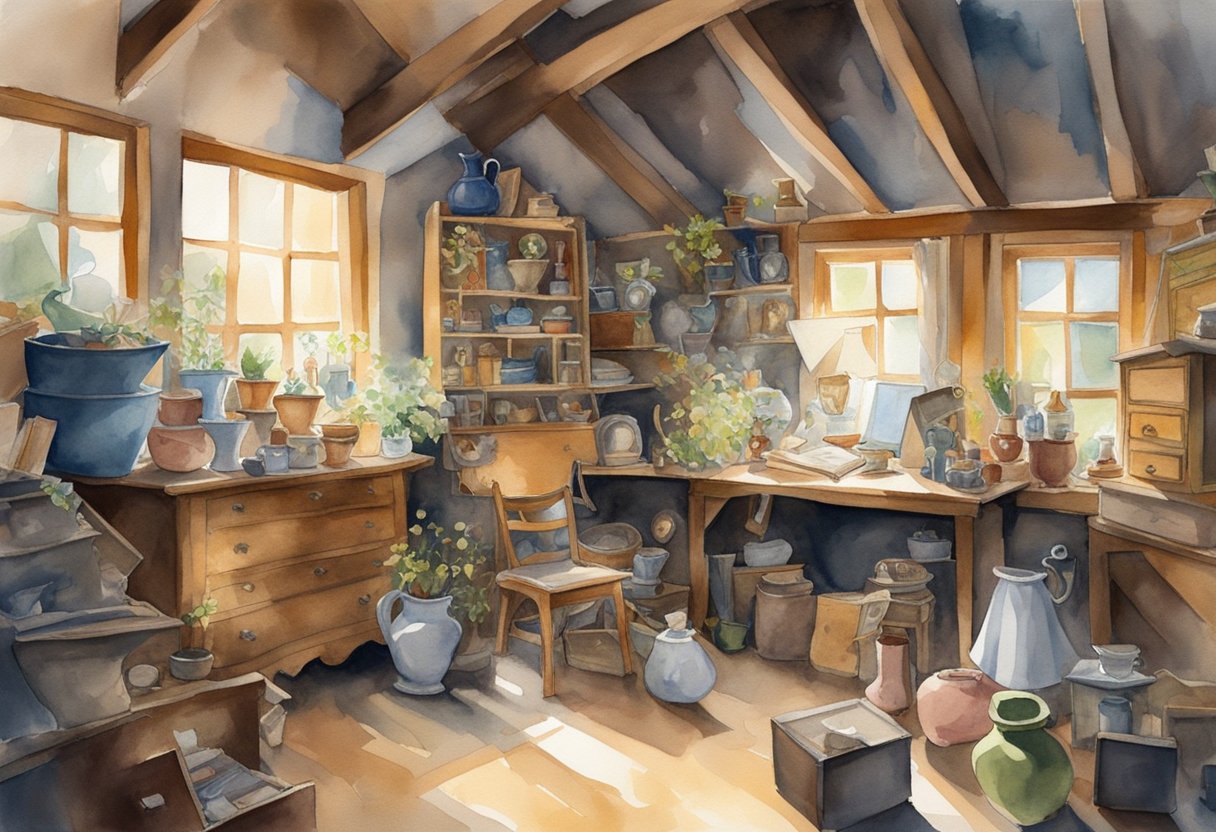 A cluttered attic filled with dusty old furniture, vintage trinkets, and antique knick-knacks. Sunlight streams through a small window, illuminating the forgotten treasures waiting to be discovered