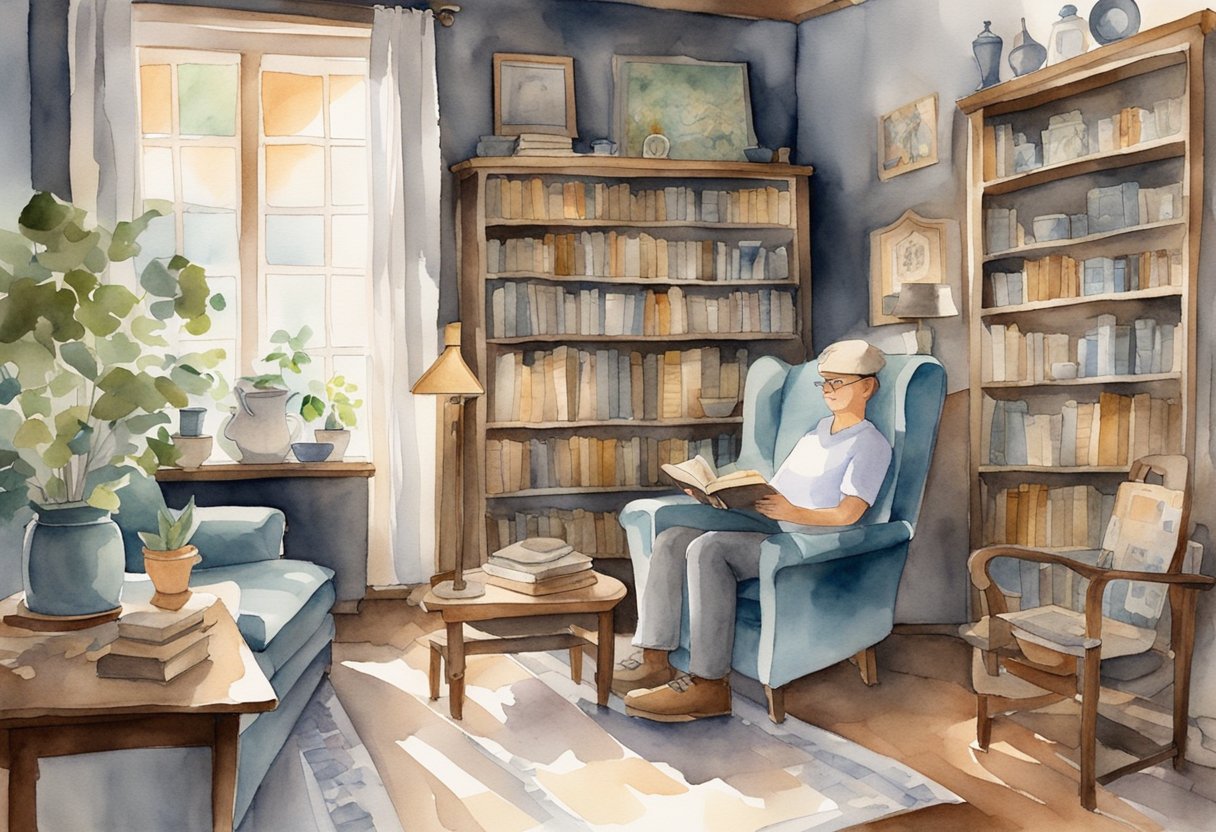 A cozy living room with shelves of vintage items, a table with antique tools, and a person sitting in a comfortable chair reading a book on antiquing