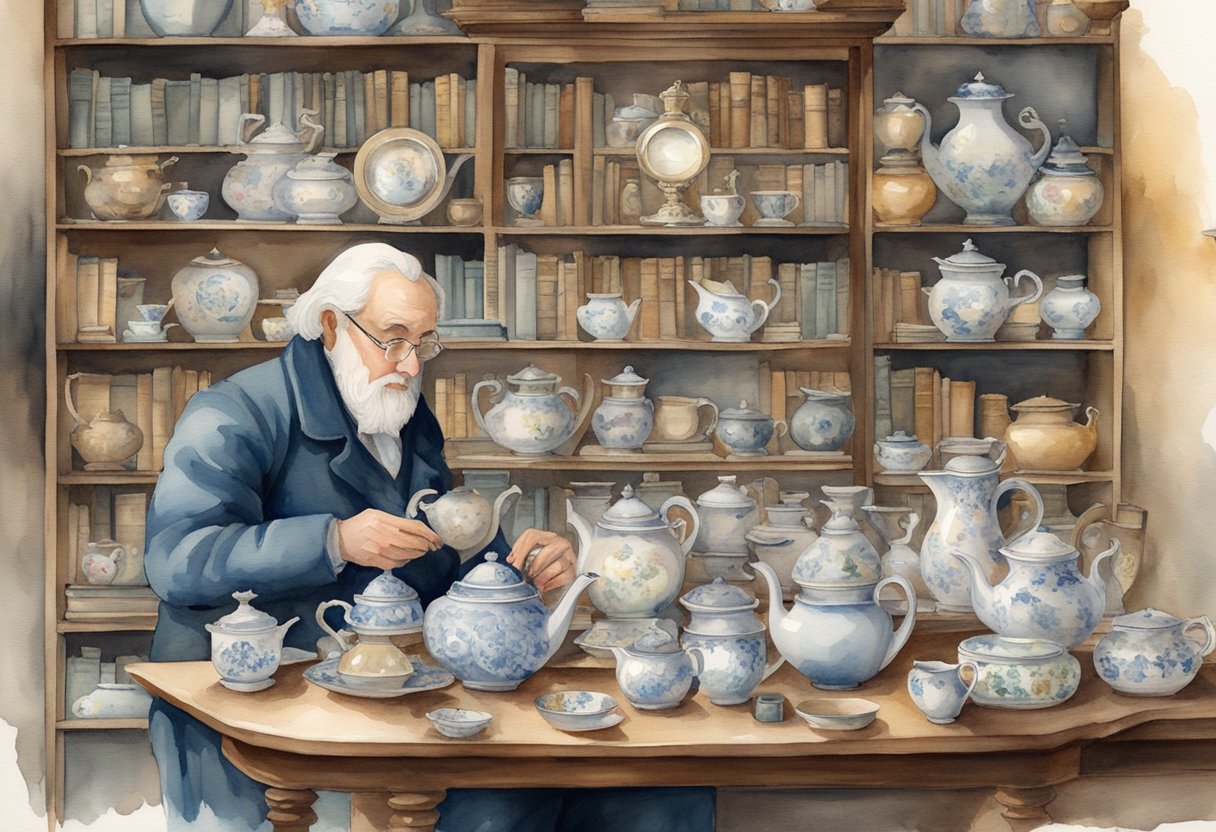 An antique collector carefully examines a delicate porcelain teapot with a magnifying glass, surrounded by shelves of vintage items and old books