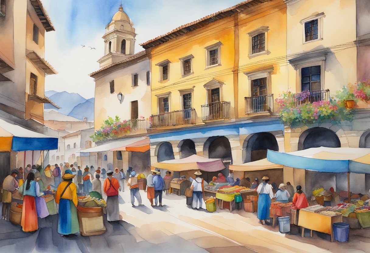 A bustling marketplace filled with colorful textiles, traditional crafts, and local musicians playing traditional Andean music. The backdrop showcases historic architecture and vibrant street art