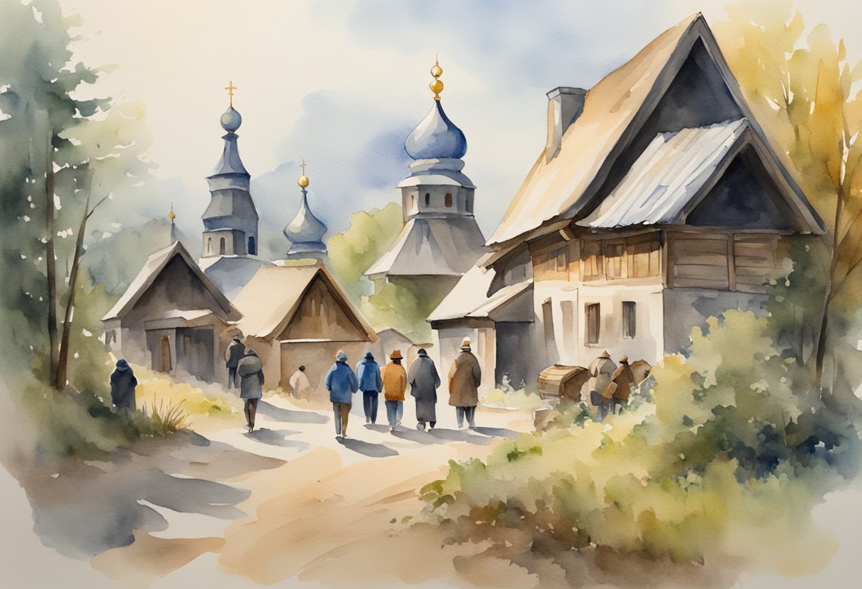 A group of people exploring a traditional Russian village, surrounded by historical landmarks and cultural artifacts