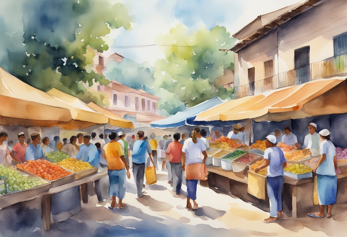 A bustling Venezuelan street market with colorful food stalls and people enjoying traditional music and dance