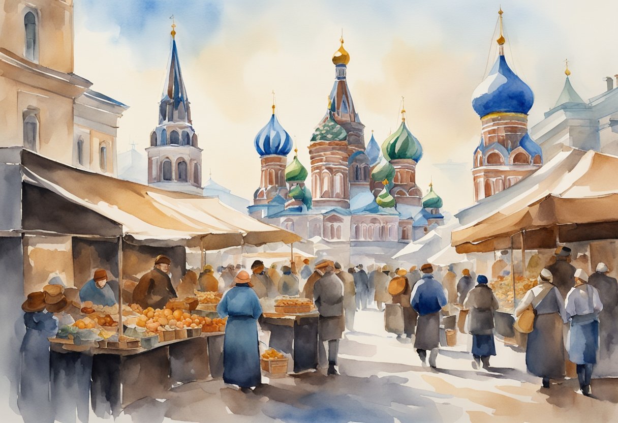 A bustling marketplace in Russia with vendors selling traditional crafts and instruments, surrounded by historical landmarks and cultural exhibits