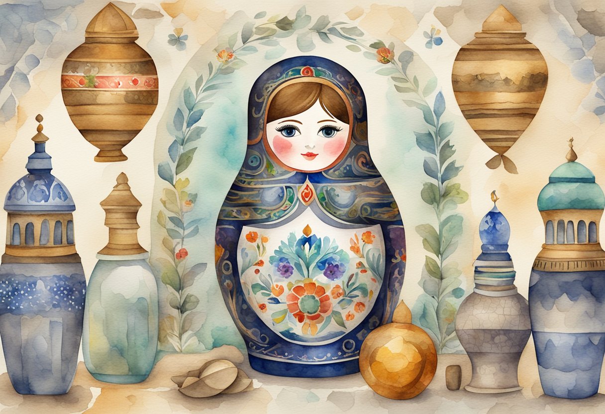 A traditional Russian nesting doll surrounded by historical artifacts and cultural symbols