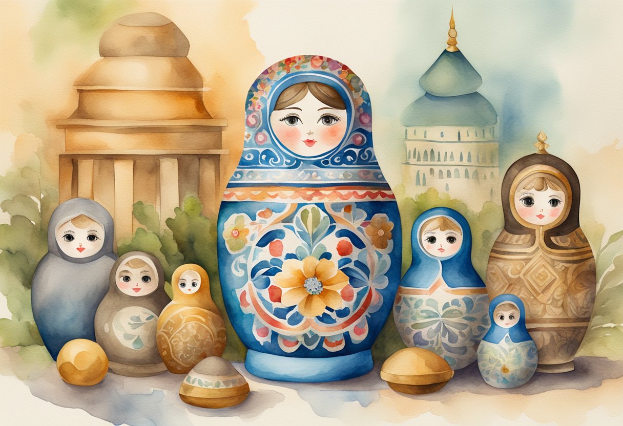 A traditional Russian nesting doll surrounded by historical artifacts and cultural symbols