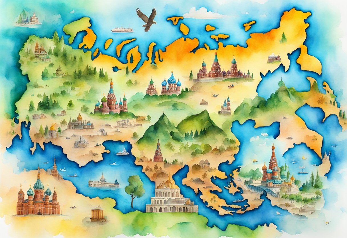 A colorful map of Russia with iconic landmarks and symbols representing culture and history