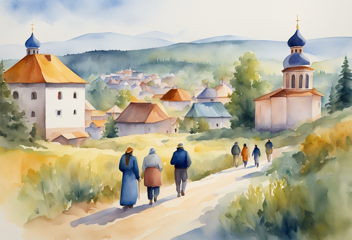 A group of people exploring a historic Russian village with colorful buildings, traditional architecture, and scenic landscapes