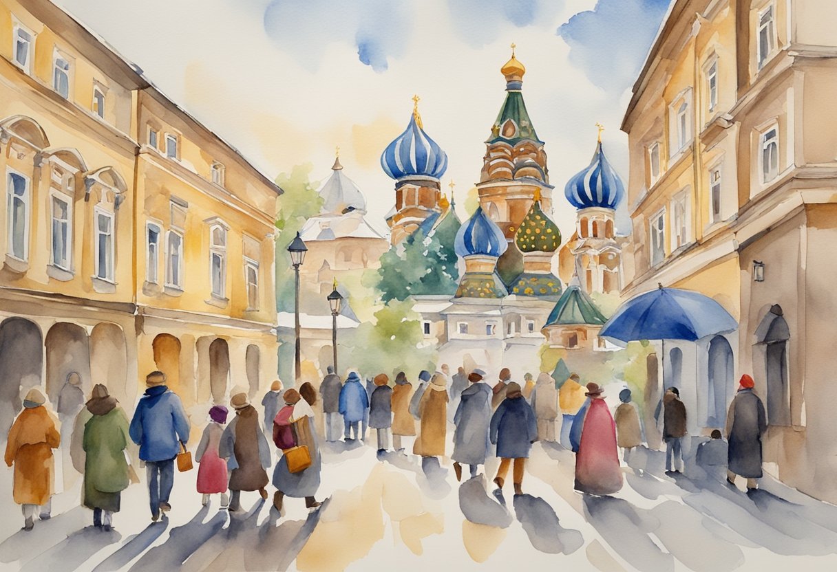 A group of people in Russia engage in activities such as visiting historical sites, exploring cultural traditions, and participating in traditional hobbies like matryoshka doll painting and nesting doll making