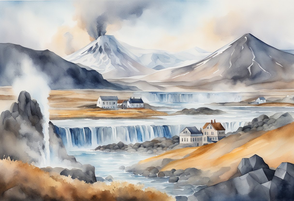 A volcanic landscape with geysers and glaciers, surrounded by traditional Icelandic architecture and historical landmarks