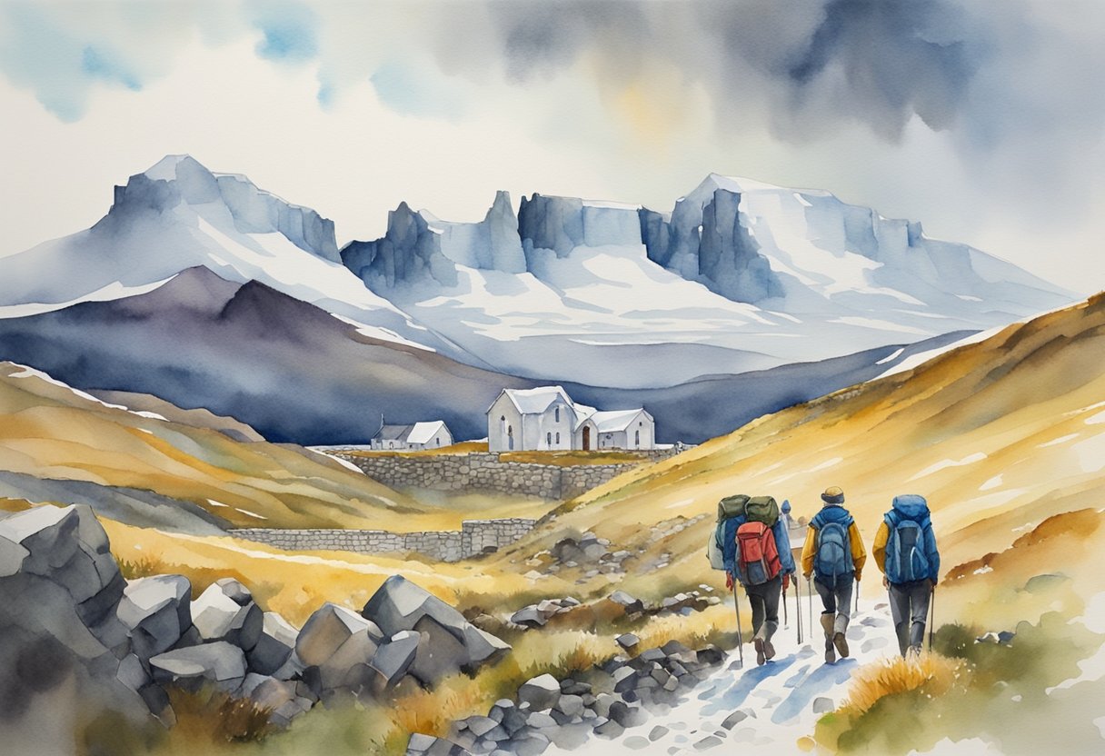 A group of hikers trek through a rugged landscape, passing by ancient ruins and traditional Icelandic homes. The backdrop includes snow-capped mountains and a dramatic sky