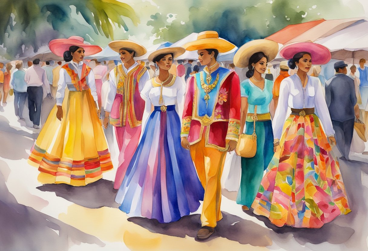 A colorful array of traditional Venezuelan costumes and modern fashion pieces displayed in a vibrant market setting